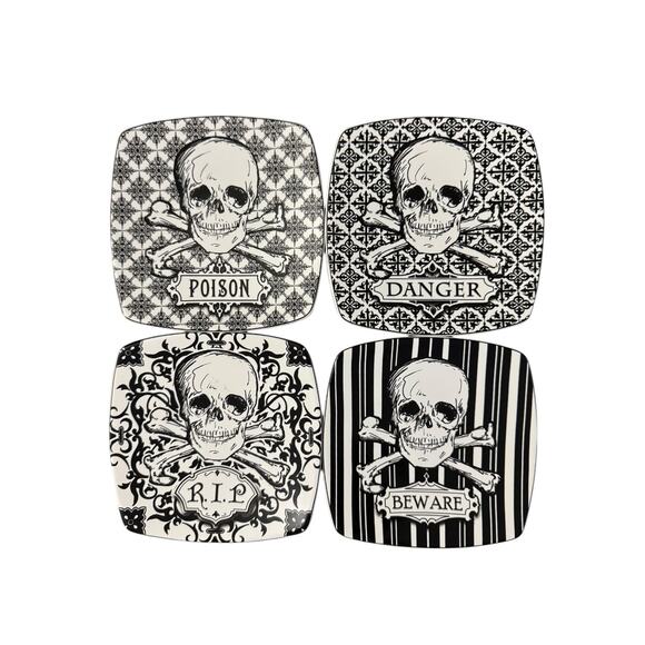 222 Fifth Skull Warning Dessert Plates Set of 4 Beware Danger RIP and Poison - Picture 1 of 7